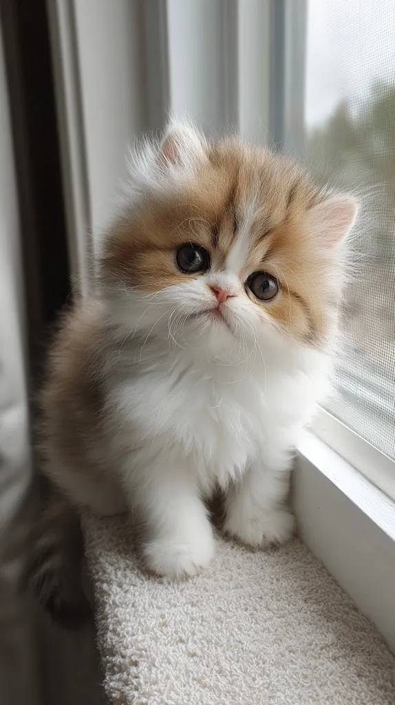 An adorable cream and tan Persian kitten sits on a windowsill, gazing directly at the camera.  Its fluffy fur is incredibly soft-looking, and its large, expressive eyes are captivating. The kitten's paws are neatly tucked beneath it, and it appears calm and content in its sunny spot. The soft, textured surface of the windowsill provides a cozy setting for this charming feline.