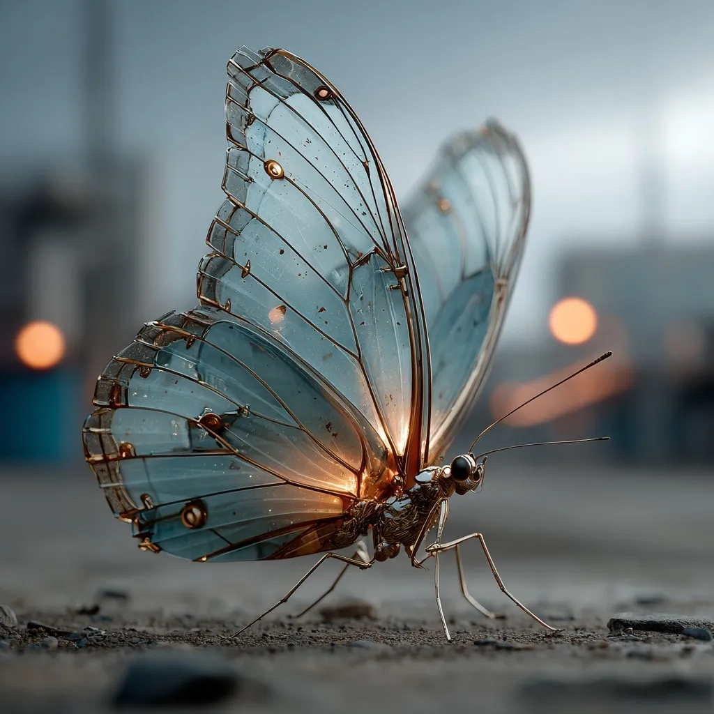 A mesmerizing digital rendering of a butterfly with translucent, light-blue wings intricately framed in gold.  The wings seem almost glass-like, with internal light illuminating them.  The butterfly's body is metallic gold, and it rests on a dark, textured surface, with blurred lights in the background creating a dramatic and ethereal ambiance. The overall effect is one of delicate beauty and otherworldly charm.