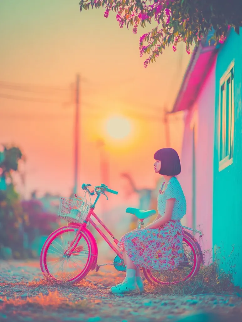 A young woman with dark bobbed hair sits on a pastel pink bicycle,  gazing towards a vibrant sunset. The bicycle has a small basket and the scene is set against a backdrop of a pastel-colored building and blossoming tree.  The overall aesthetic is dreamy and surreal, with a soft, slightly desaturated color palette.
