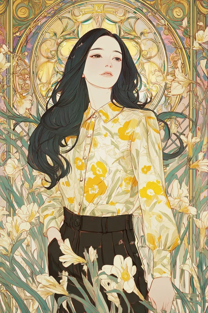 A young woman with long dark hair is depicted in an art nouveau style illustration. She wears a pale yellow floral blouse and dark trousers, standing amidst a profusion of pale yellow flowers. The background features an ornate Art Nouveau-inspired frame, enhancing the overall aesthetic. The style is delicate and dreamlike, with soft lines and muted colors.
