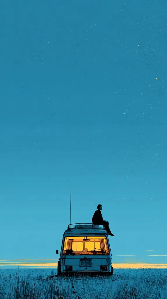 Under a twilight sky speckled with stars, a lone figure sits atop a vintage camper van. The van's interior glows warmly, offering a sense of cozy comfort.  The scene is peaceful and serene, evoking feelings of solitude and adventure on an open road.  Tall grasses surround the vehicle, emphasizing the expansive, quiet landscape. The overall color palette is muted blues and oranges, creating a calming and evocative mood.
