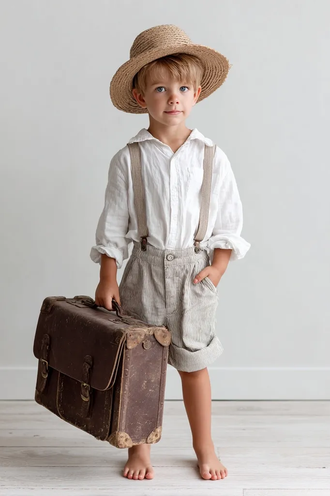 A young boy, dressed in a white linen shirt, striped pants, and suspenders, stands barefoot against a white wall.  He wears a straw hat and carries a vintage brown leather suitcase. His expression is serious and he appears ready for an adventure. The overall style is reminiscent of a classic travel photograph.