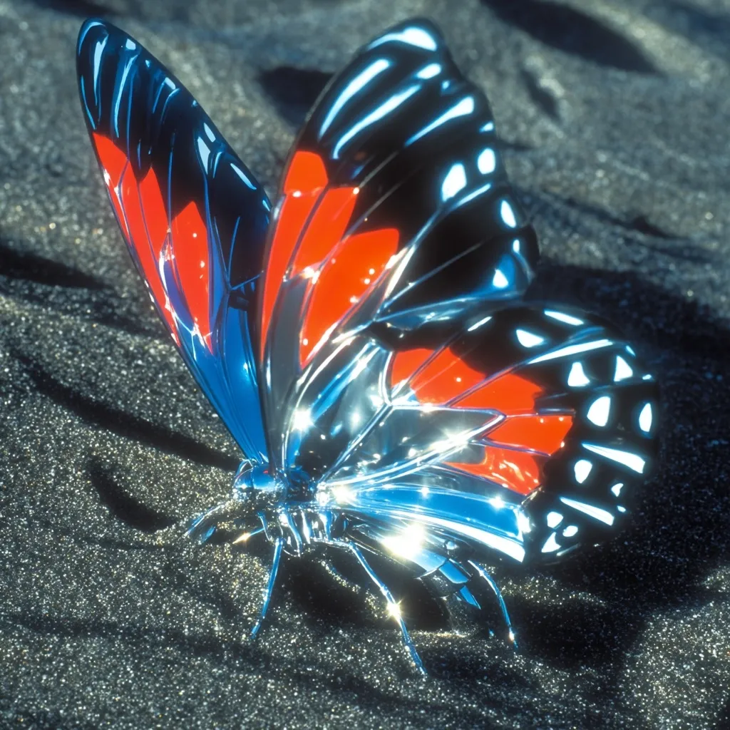 A chrome butterfly, meticulously detailed, rests on a dark, granular surface.  Its wings are a striking contrast of polished chrome and vibrant red accents, catching the light with dazzling reflections. The intricate wing patterns are sharply defined, showcasing a blend of realism and futuristic design.  The butterfly's body is equally detailed, adding to the overall sense of artistry and precision.