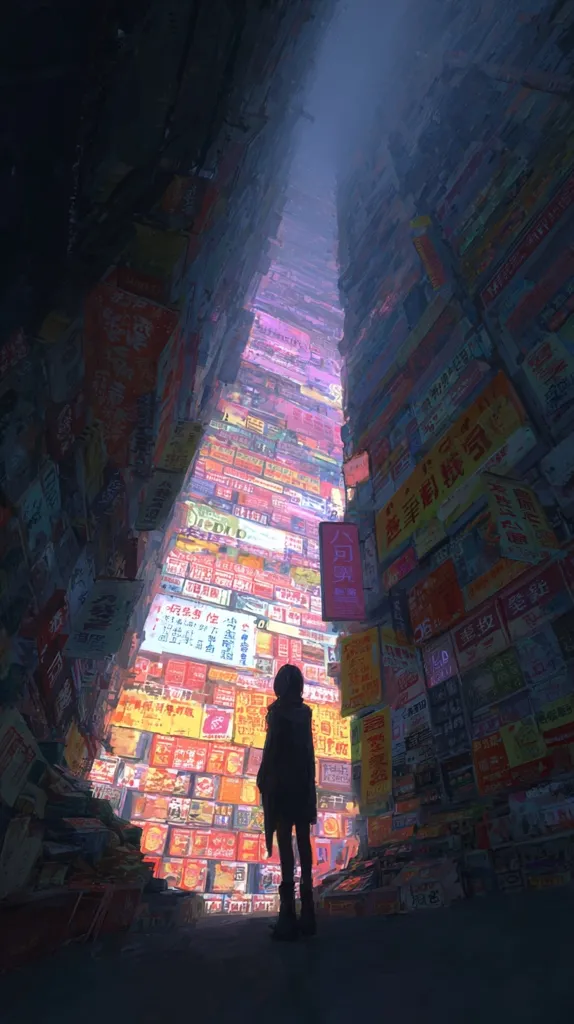 A lone figure stands silhouetted at the base of a towering, narrow alleyway.  The walls are densely covered in vibrant, colorful signs and advertisements in a language that appears to be Chinese or Japanese, creating a claustrophobic yet visually striking scene.  Light filters from the top, illuminating the alley and the myriad signs, creating a sense of depth and mystery.  The overall mood is one of urban density and quiet contemplation.