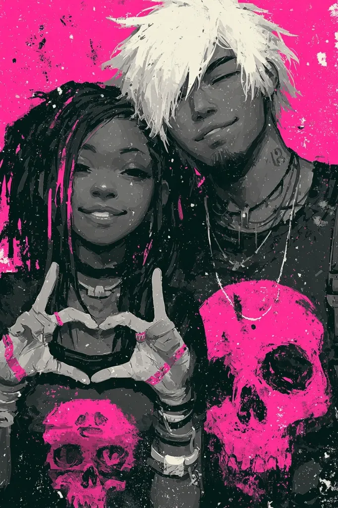 A stylized illustration depicts a young couple, a Black woman with dreadlocks and a fair-skinned man with spiky white hair, embracing against a vibrant pink background.  Both wear dark clothing featuring bright pink skull designs. The woman makes a heart shape with her hands, adding to the image's romantic and edgy aesthetic. The artwork utilizes a mix of grayscale and bold pink accents for a striking effect.
