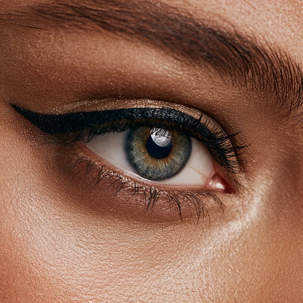 A close-up shot reveals a woman's eye, accentuated with expertly applied makeup.  A sharp, black winged eyeliner defines the upper lash line, complemented by subtle, shimmering eyeshadow.  The eye's captivating blue-green iris is highlighted against the rich, bronze tones of her skin.  The image showcases flawless skin and perfectly sculpted brows, creating a striking and alluring effect.