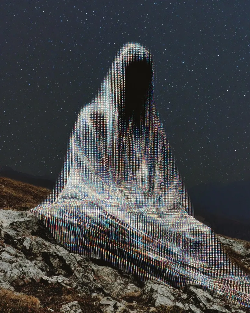 A digital rendering depicts a cloaked figure, seemingly composed of shimmering, multicolored pixels, sitting atop a rocky outcrop under a starlit night sky.  The figure's form is obscured by the pixelated cloak, creating a mysterious and ethereal atmosphere. The contrast between the smooth, dark rocks and the vibrant, textured cloak is striking. The overall effect is one of digital artistry and enigmatic symbolism.