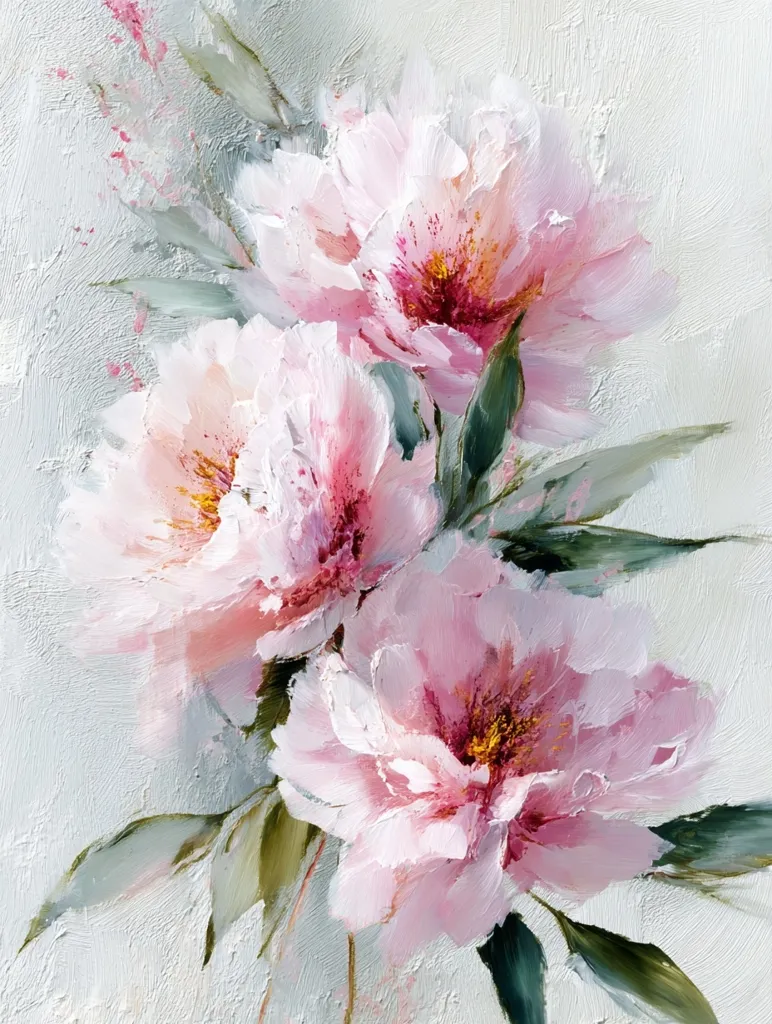 A vibrant oil painting showcases a cluster of pale pink peonies.  Their delicate petals, rendered with visible brushstrokes, suggest softness and light.  The peonies are arranged loosely, with hints of green foliage adding depth and contrast against a textured off-white background. The artist's impasto technique creates a sense of movement and texture in the blooms.