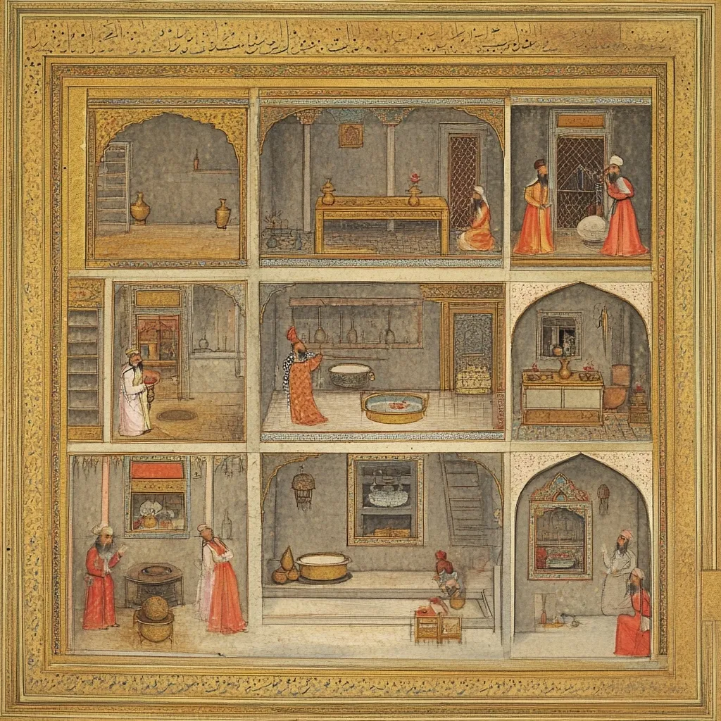 A Mughal-style painting depicts a multi-room interior, divided into nine sections within an ornate gold frame. Each section shows various activities within a room, including cooking, storage, and people engaged in different tasks. The detailed artwork showcases the architectural style and daily life within a wealthy household, with figures in traditional attire and numerous objects meticulously rendered.  The overall effect is a miniature representation of a complex dwelling.