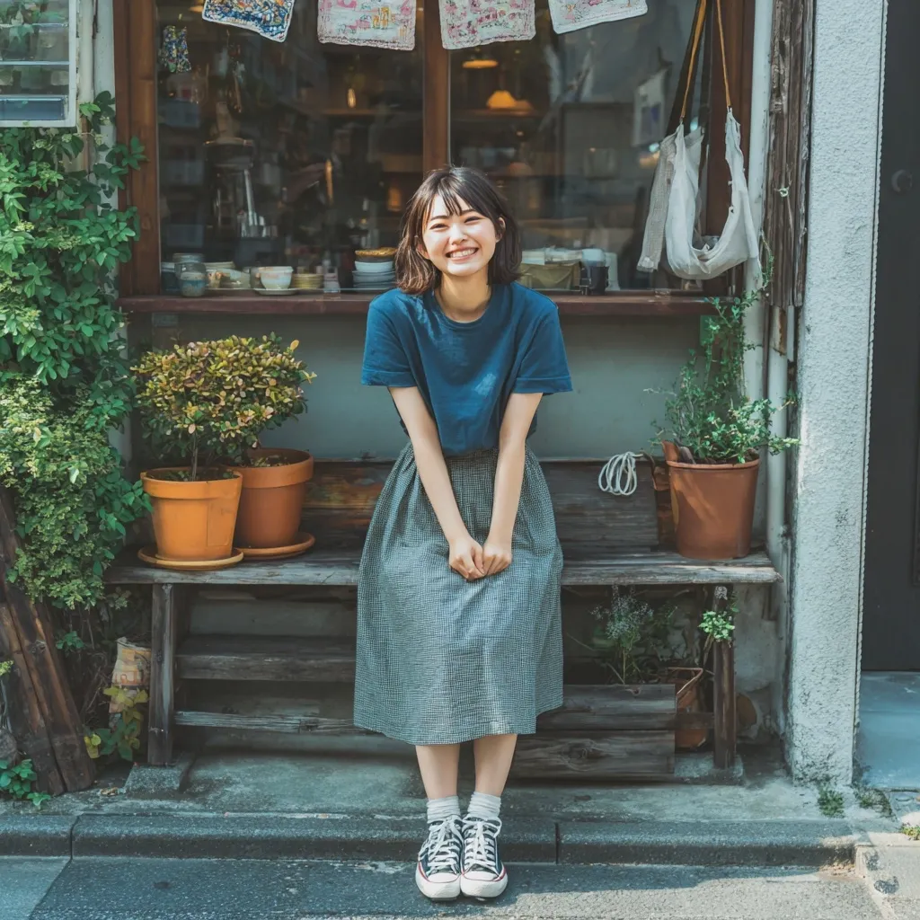 A young woman with short bobbed hair sits on a rustic wooden bench outside a shop. She's smiling and wearing a simple blue t-shirt, a gray checkered midi skirt, and black canvas sneakers.  Potted plants flank the bench, adding to the charming, quaint atmosphere of the scene.  The shop's window displays various items, creating a homely and peaceful setting.