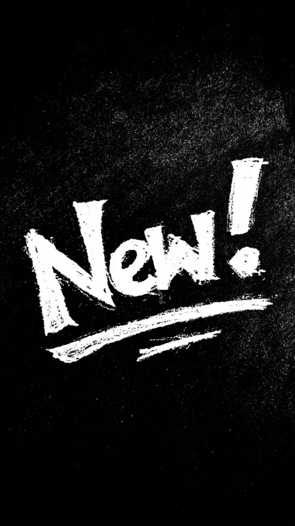 The image shows the word "New!" written in bold, white, hand-drawn lettering on a black background.  The lettering style is rough and textured, giving it a hand-painted or chalked appearance.  A pair of white lines beneath the word adds a stylistic element. The background has a grainy texture, enhancing the overall impression of a hand-crafted design.