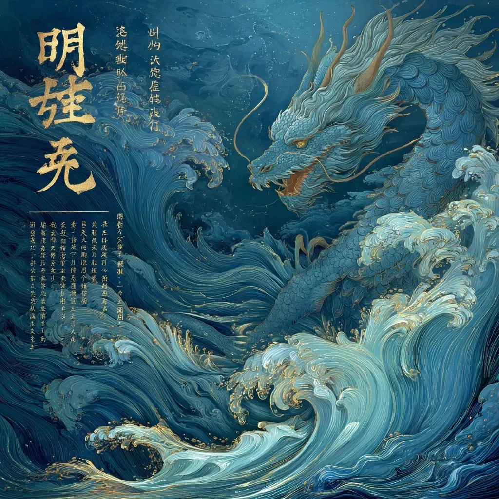 A majestic blue dragon, rendered in exquisite detail, commands the center of the artwork.  Its scales shimmer with a subtle gold accent, contrasting against the swirling, dynamic blues of the ocean waves it appears to emerge from. The dragon's powerful presence and the intricate wave patterns create a visually stunning and evocative piece, possibly inspired by East Asian mythology and art.  The title "明娃充" is prominently displayed, adding to the piece's enigmatic atmosphere.