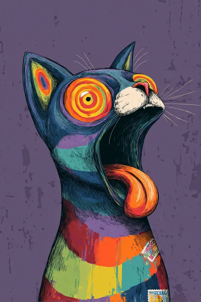 A vibrant, stylized illustration of a cat with its mouth wide open and tongue out.  Its eyes are swirling spirals of rainbow colors, and its fur is depicted in bold, colorful stripes reminiscent of graffiti art.  The overall style is bold, expressive, and slightly psychedelic, set against a muted purple background with a textured effect.  Small postage stamps are subtly integrated into the cat's design.