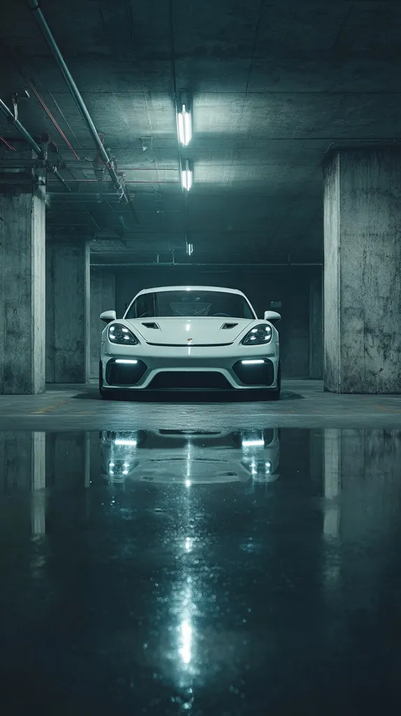 A white Porsche 718 Cayman GT4 RS sits in a dimly lit, concrete parking garage.  The car's reflection is visible in a puddle on the wet floor.  Fluorescent lights cast a cool, ethereal glow on the scene, creating a dramatic and moody atmosphere. The image emphasizes the car's sleek lines and aggressive front end.