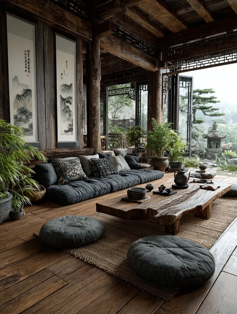 A serene Asian-inspired living room features a low-slung, dark-grey upholstered sofa with floor cushions, arranged on a rustic wooden floor. A large, live-edge coffee table anchors the space, displaying tea set and plates.  Traditional Chinese artwork hangs on the walls, complementing the natural wood beams and large windows overlooking a tranquil garden scene. The overall aesthetic is minimalist and calming.