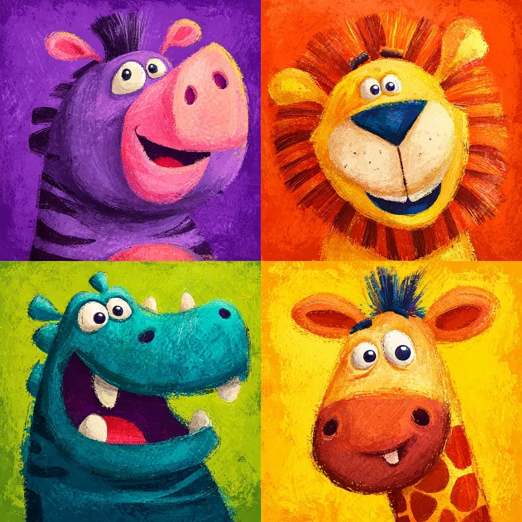 A playful illustration showcases four cartoon animals in vibrant, textured squares.  A purple zebra with a pig-like snout, an orange lion with a cheerful expression, a teal hippo with a wide open mouth, and a yellow giraffe with large eyes are depicted.  Each animal's face dominates its respective square, creating a cheerful and colorful composition.