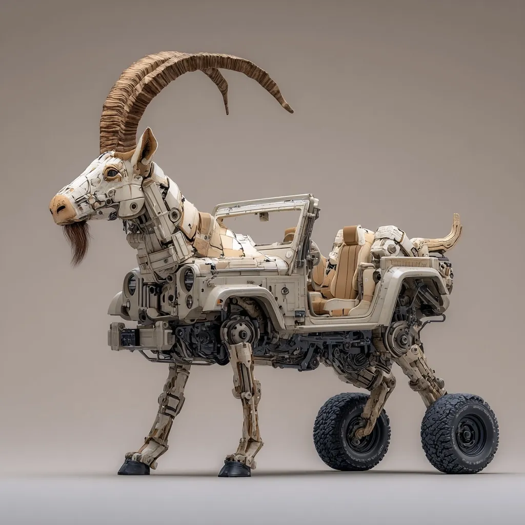 A digital rendering showcases a fantastical creature, a mechanical ibex, seamlessly integrated with the chassis of a Jeep.  The beige-toned, intricately detailed machine animal stands on four robust wheels, its body formed from the disassembled parts of the vehicle.  The ibex's majestic horns curve elegantly, completing the surreal fusion of nature and machinery.
