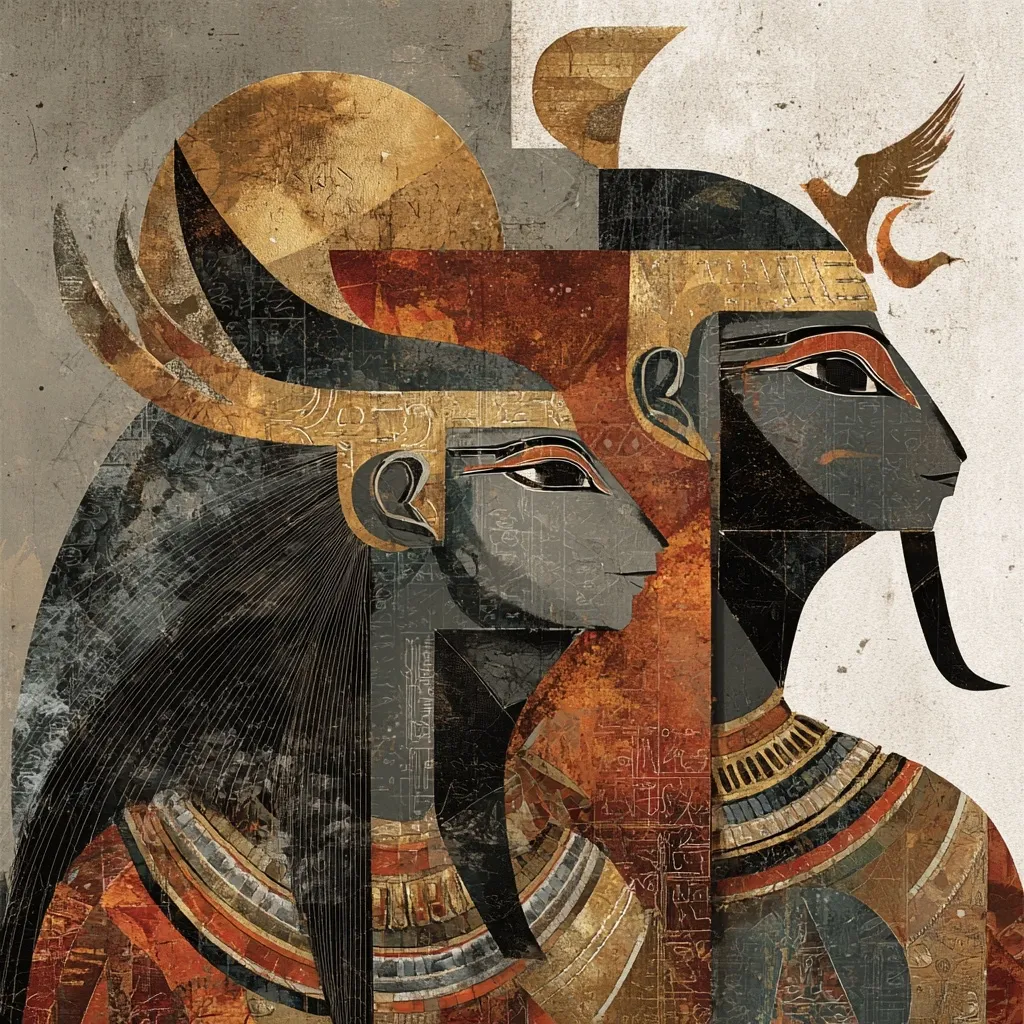 A stylized artwork depicting a pharaoh and queen, possibly from ancient Egypt.  The figures are rendered in a geometric, cubist style, with a palette of grays, golds, and reds.  Hieroglyphic-like markings are integrated into the design, adding to the ancient Egyptian aesthetic. The overall effect is a blend of modern and classical art, evoking a sense of history and grandeur.  A bird is featured above the pharaoh's head.