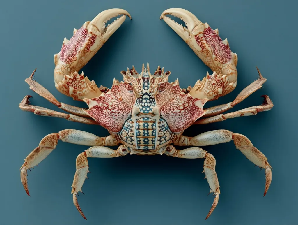 A detailed close-up reveals a crab, viewed from above against a muted blue backdrop.  Its carapace displays intricate patterns of reddish-brown and blue, while its legs are a creamy off-white.  The claws are prominently displayed, showcasing their spiny texture. The image highlights the crab's complex exoskeleton and vibrant coloration.