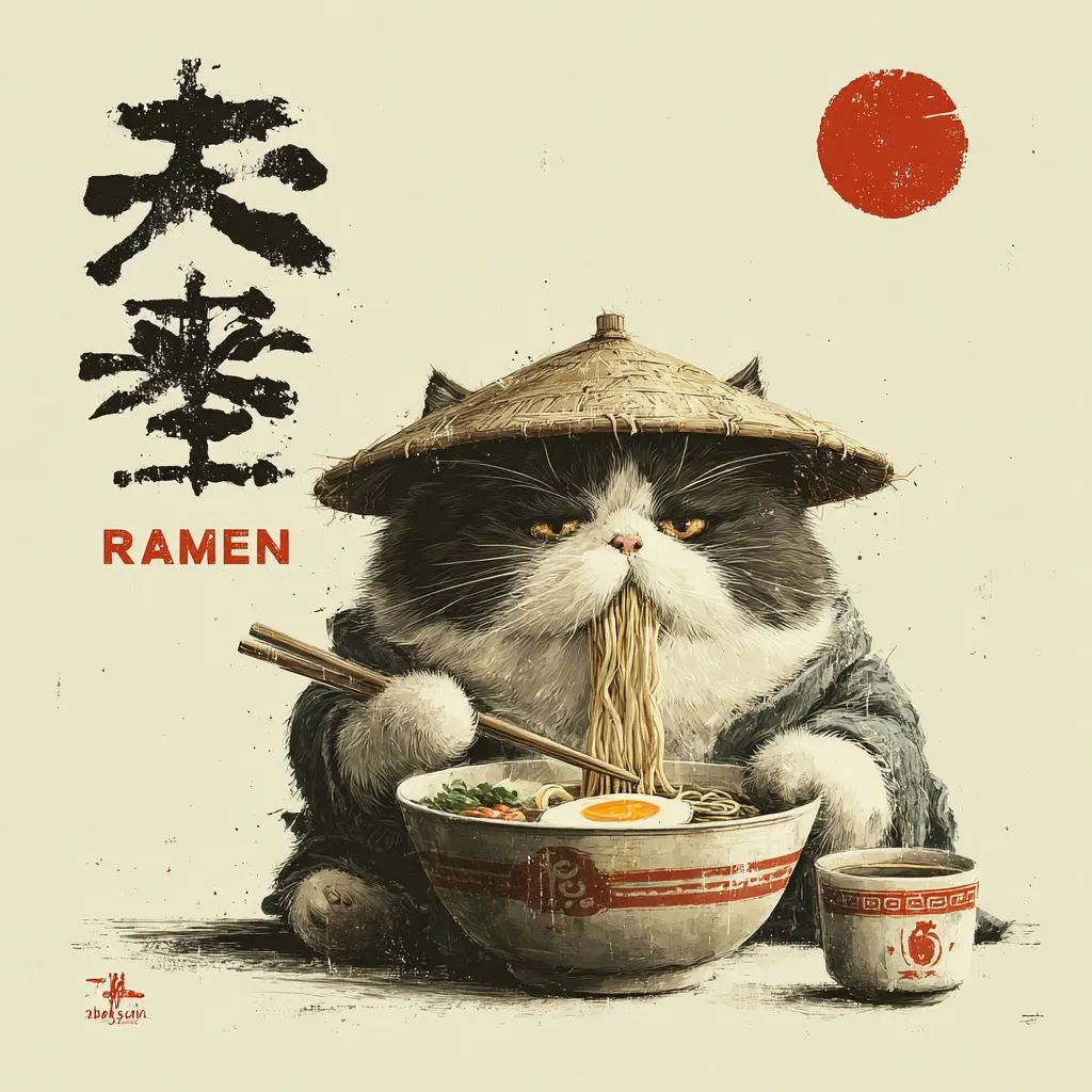 A tuxedo cat, wearing a traditional Asian conical hat, sits and enjoys a large bowl of ramen.  The cat uses chopsticks to slurp noodles, its expression serious and focused.  The artwork features a minimalist background with a red circle and stylized Japanese characters, along with the word "RAMEN". The overall style is reminiscent of vintage Japanese prints.