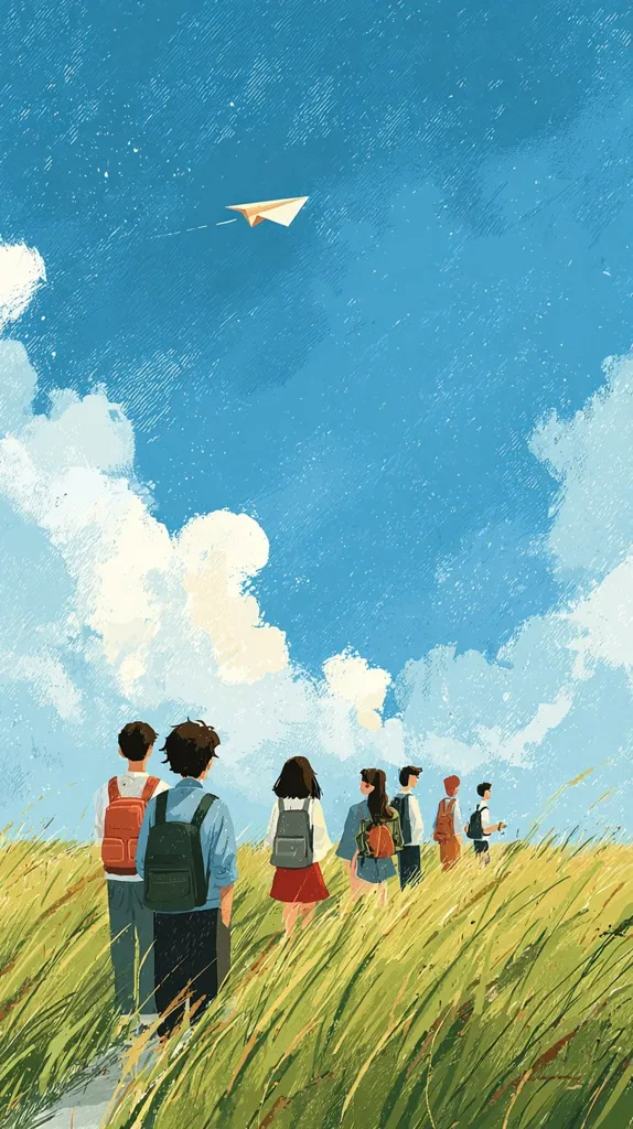 A group of young people with backpacks walk through tall grass under a vibrant blue sky dotted with fluffy white clouds.  A paper airplane soars overhead, symbolizing freedom and adventure.  The scene evokes a sense of youthful optimism and the promise of a journey ahead. The art style is painterly and slightly textured, creating a whimsical and nostalgic feel.