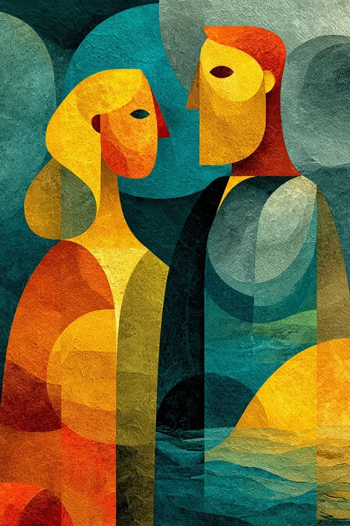 An abstract geometric portrait of a couple, rendered in warm and cool tones.  The figures are stylized with simplified forms and bold colors, primarily yellows, oranges, and teal.  The textured background suggests a landscape or seascape, enhancing the piece's evocative mood.  The overall style is reminiscent of mid-century modern art, emphasizing form and color over precise detail.