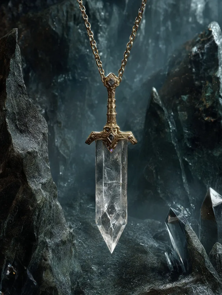 A gold sword-shaped pendant hangs from a chain against a backdrop of dark, rough rocks and crystals.  The sword's blade is a clear quartz crystal, catching the light. The intricate gold detailing on the hilt adds to the mystical and elegant feel. The overall image evokes a sense of hidden treasure and ancient magic.