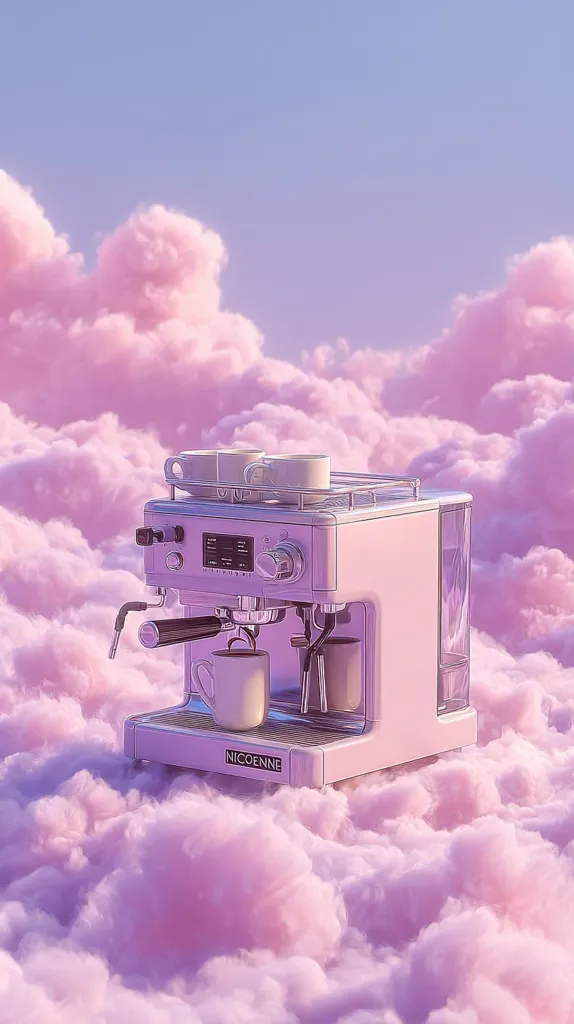 A pastel pink espresso machine sits serenely amidst fluffy, cotton candy-like clouds under a soft, pink sky.  Two espresso cups rest on the machine's warming rack, and a third cup sits below, presumably filled with freshly brewed coffee. The scene evokes a dreamy, whimsical atmosphere. The brand name "NICOENNE" is subtly visible on the machine.