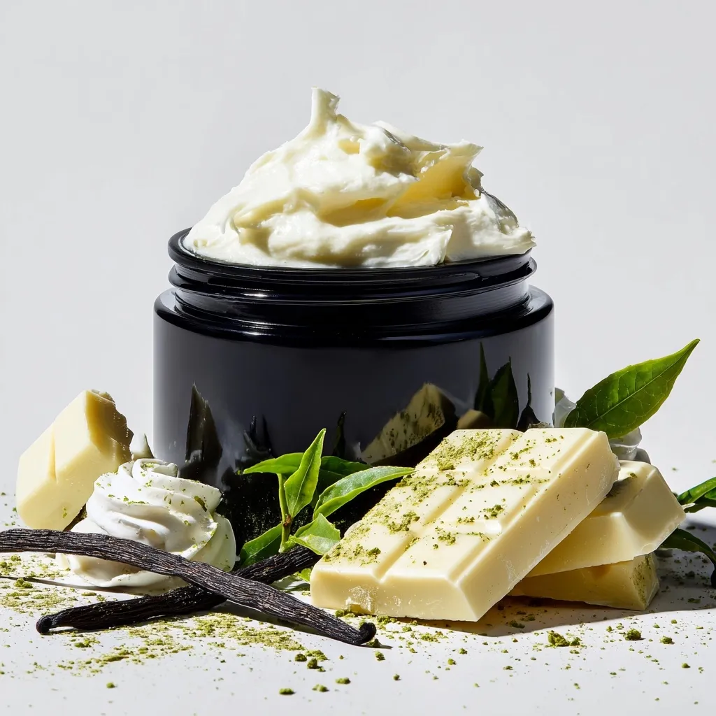 A black jar filled with a creamy white substance is the centerpiece of the image.  Surrounding the jar are pieces of white chocolate dusted with matcha powder, vanilla beans, and fresh green tea leaves.  The overall aesthetic is clean, bright, and suggestive of a luxurious body cream or lotion with natural ingredients. The scene is brightly lit, highlighting the texture of the cream and the chocolate.