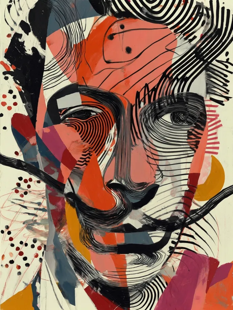 A vibrant, abstract portrait evokes Salvador Dalí.  Bold strokes of red, orange, and black create a fragmented face, emphasized by swirling lines suggesting hair and a prominent mustache.  Geometric shapes and dotted patterns contrast with the fluid lines, resulting in a dynamic and energetic composition.  The style is a modern interpretation of Cubism, capturing the essence of Dalí's iconic features in a playful yet powerful manner.