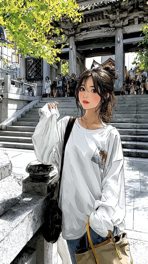 An anime-style illustration depicts a young woman with brown hair styled in a bun, standing near a stone staircase leading to a traditional Japanese gate.  She's wearing a loose white long-sleeved shirt, blue jeans, and carries a beige tote bag.  The background showcases a bustling scene of people near the gate, under a tree with bright green leaves.  The overall style is detailed and slightly muted in color.