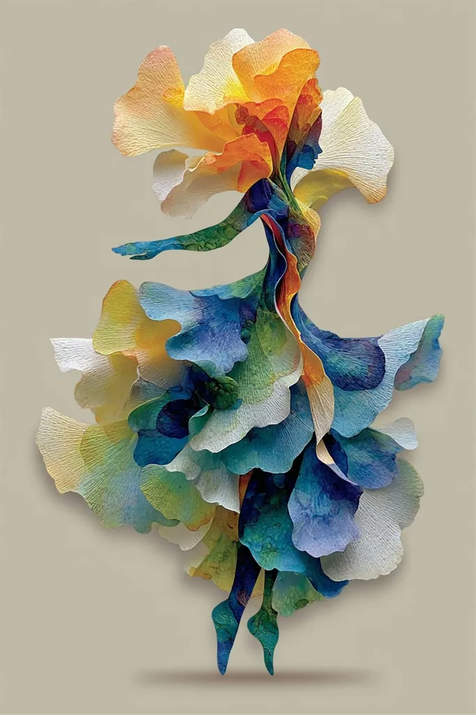 A vibrant, stylized female figure is depicted, seemingly formed from numerous overlapping ginkgo biloba leaves.  The leaves, rendered in watercolor-like hues of blues, greens, yellows, and oranges, create a flowing, dress-like form around the figure.  The overall effect is one of ethereal beauty and delicate movement, suggesting a graceful dance or a blossoming of life.