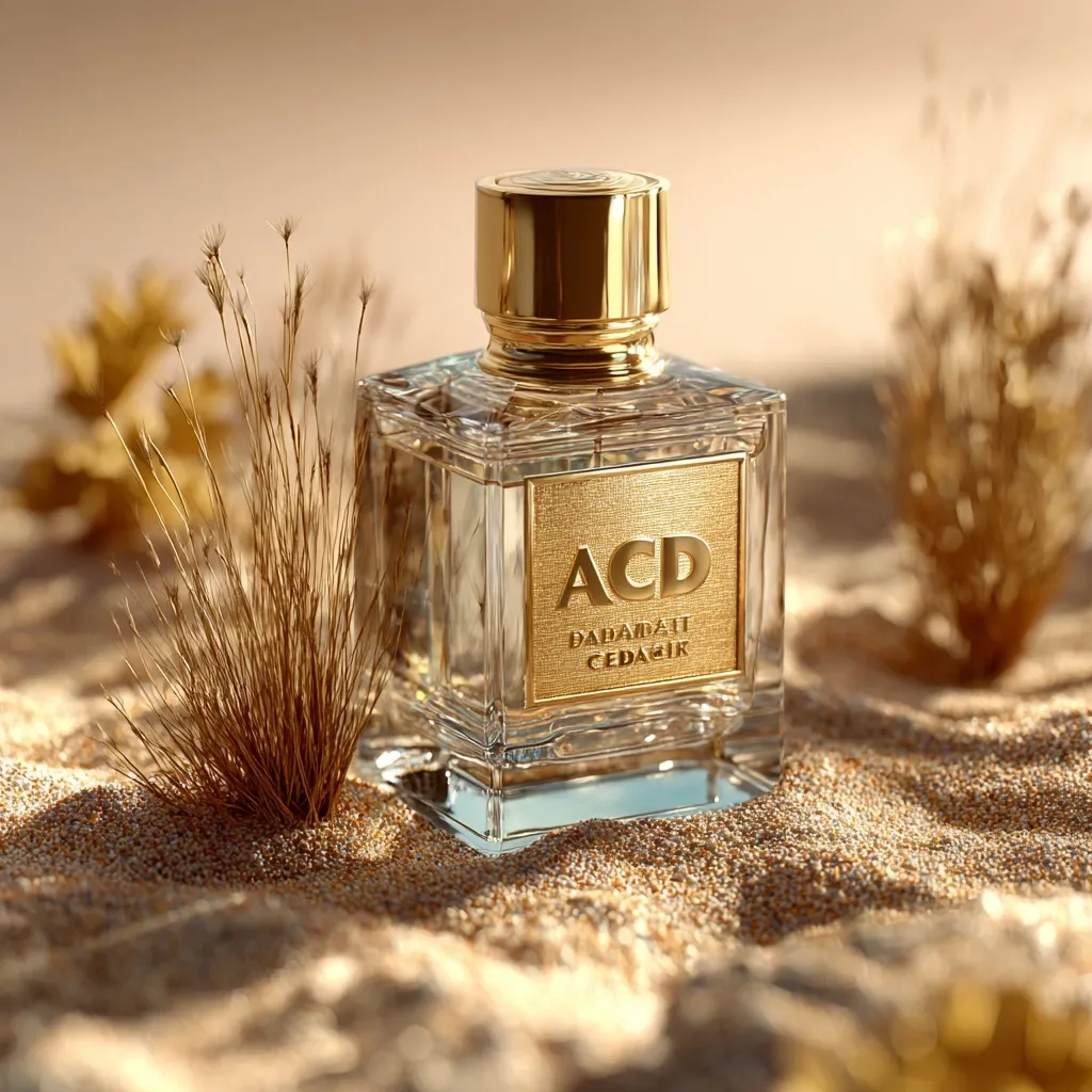 A luxurious perfume bottle, ACD, by Dadapalt Cedagir, sits nestled in golden sand.  The bottle is clear glass with a gold cap and label, reflecting sunlight.  Dried, golden-hued grasses frame the bottle, enhancing the warm, opulent aesthetic of the image.  The overall mood is one of elegance and serenity.