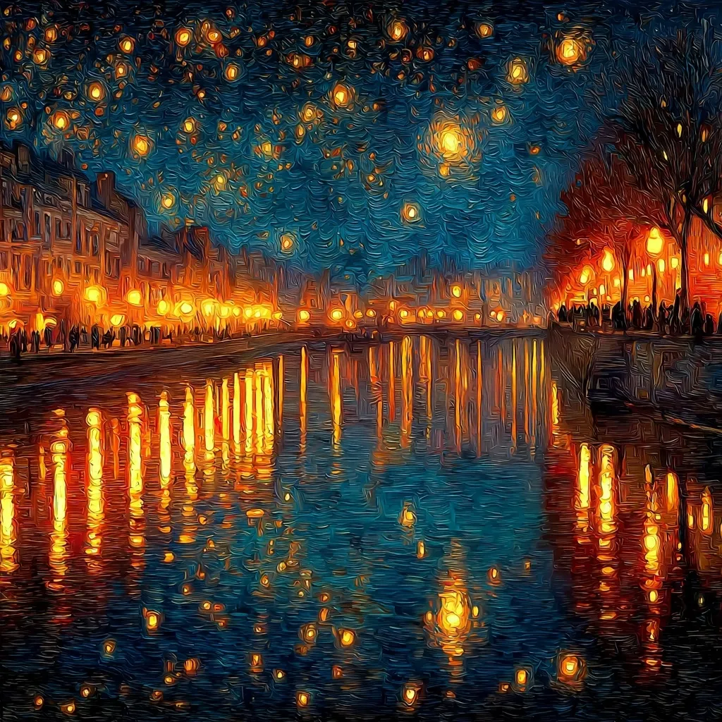 A vibrant, impasto-style painting depicts a canal scene at night.  Buildings line the waterway, illuminated by warm lamplight reflected in the dark water.  The sky is a swirling canvas of blues and dark greens, speckled with luminous points of light, resembling stars or floating lanterns.  The scene is bustling, with figures visible along the canal banks, creating a magical and atmospheric night.