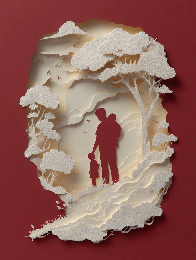 A stunning paper-cut artwork depicts a father and child silhouetted against a layered landscape.  The creamy off-white paper forms hills, trees, and clouds, contrasting sharply with the deep red background.  The figures, rendered in dark red, stand hand-in-hand, suggesting a tender moment in a peaceful, idyllic setting.  The intricate detail and skillful layering showcase the artist's mastery of the paper-cutting technique.
