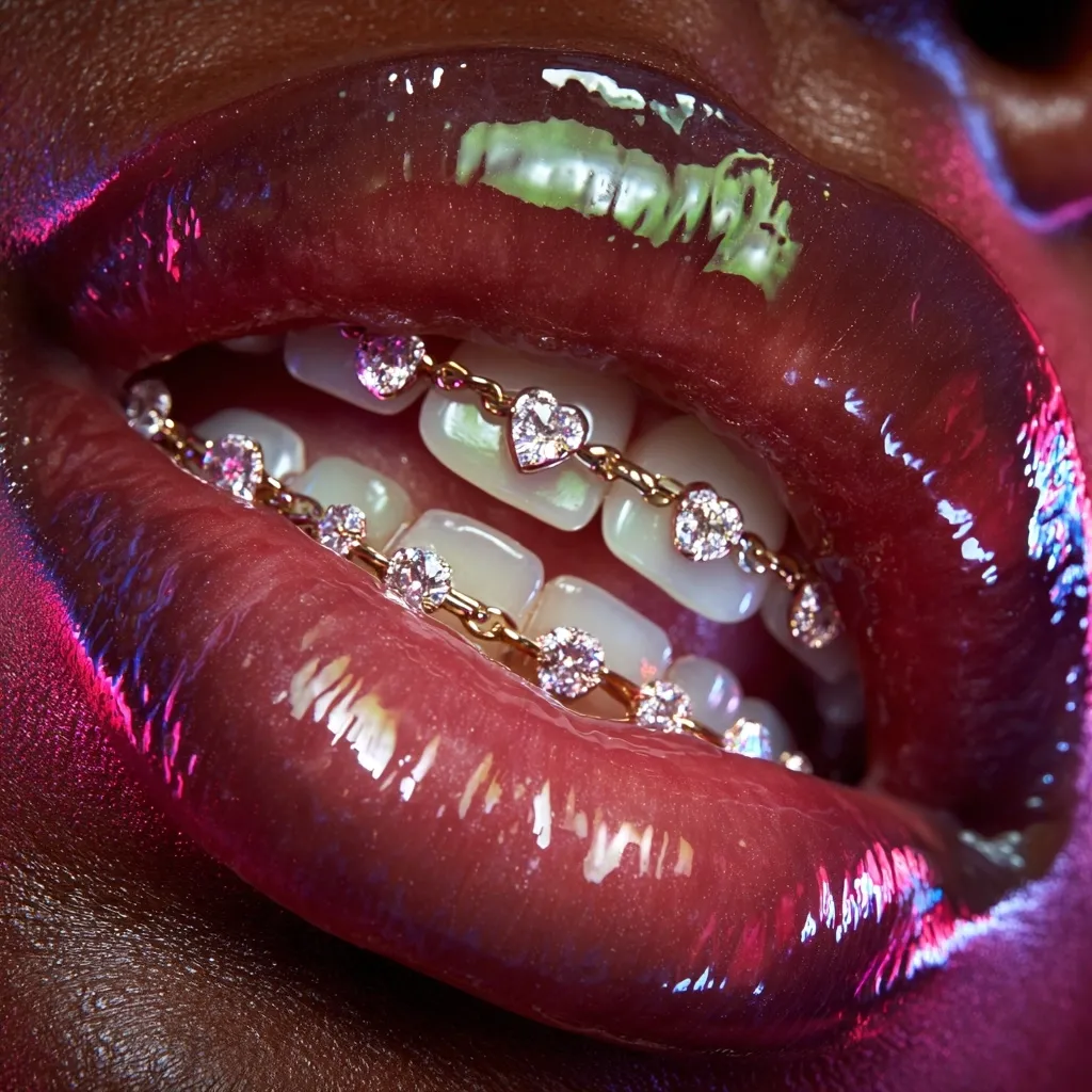 Close-up of a person's mouth adorned with a luxurious gold grill. The grill features a delicate chain embellished with sparkling diamonds and heart-shaped charms. The lips are coated in glossy, dark pink lipstick, enhancing the overall glamorous and opulent aesthetic. The image is sharply focused, highlighting the intricate details of the jewelry and the smoothness of the lips.  The lighting creates a dramatic and alluring effect.