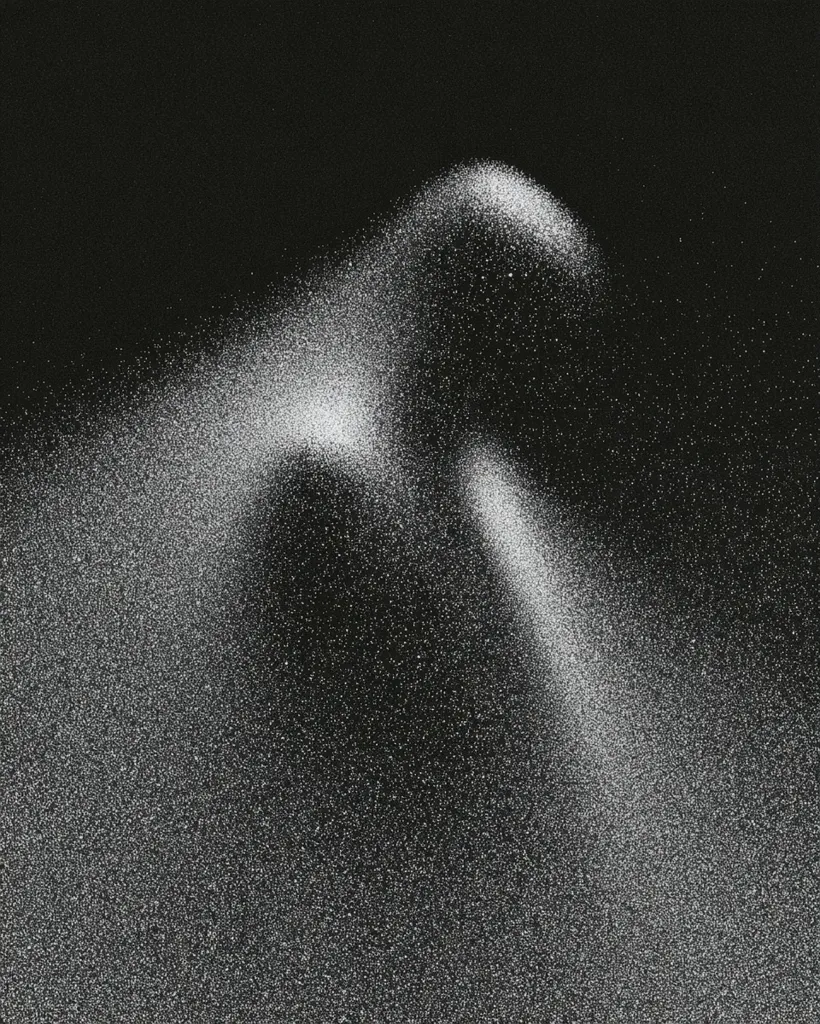 A dark, grainy background is speckled with a scattering of bright white particles.  The particles are concentrated in swirling, dynamic patterns, suggesting movement or an explosion.  The overall effect is abstract and evokes a sense of energy or chaos against a backdrop of deep black. The image has a high contrast between the dark background and the bright white particles.