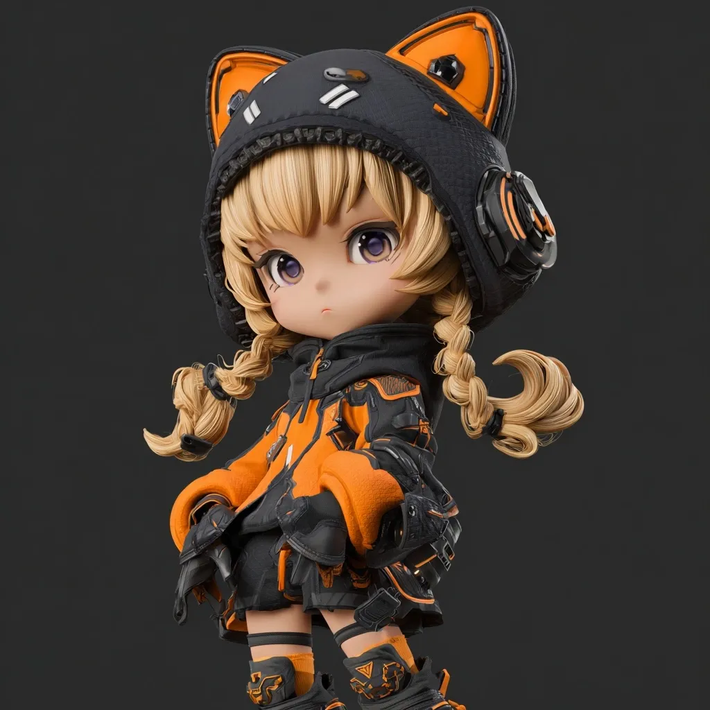 A digital rendering of a cute, stylized female character.  She has blonde pigtails, large expressive eyes, and wears a black and orange hooded outfit with cat ears. The outfit has futuristic elements and details. The character's pose and expression are somewhat serious, conveying a blend of strength and innocence. The background is a simple, dark gray.