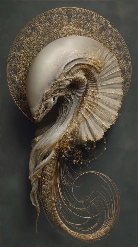 A captivating artwork depicts a creature resembling an alien, sculpted in a pale, textured material with accents of gold.  Its form is organic and flowing, with a large head and a body that trails into delicate, gold-infused tendrils.  It is framed by a circular golden filigree, creating a striking contrast against a dark background.  The piece blends organic and geometric elements, suggesting a blend of nature and artistry.