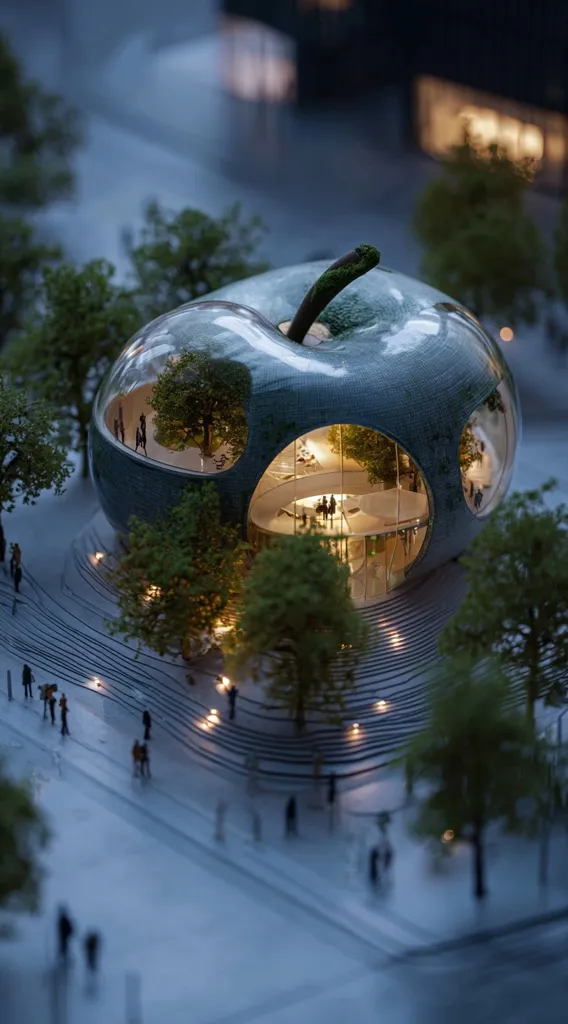 A miniature architectural model depicts a building shaped like a giant apple.  The translucent green apple structure features interior spaces visible through circular windows, illuminated from within.  Small trees and figures surround the building, situated on a landscaped plaza with gently sloping pathways and subtle lighting. The scene evokes a futuristic, yet organic, urban environment.