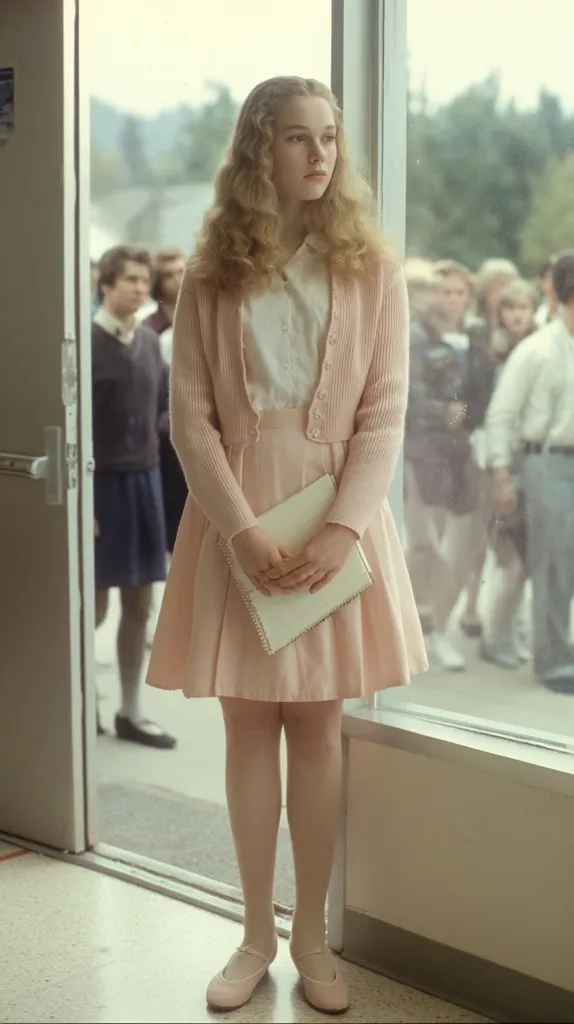 A young woman with long blonde hair stands by a window, wearing a pale pink cardigan, blouse, and pleated skirt.  She holds a white clutch.  The setting appears to be a school hallway, with blurred figures of other students visible through the window.  Her expression is thoughtful, and her attire evokes a 1950s or 1960s aesthetic.  She wears light pink shoes.