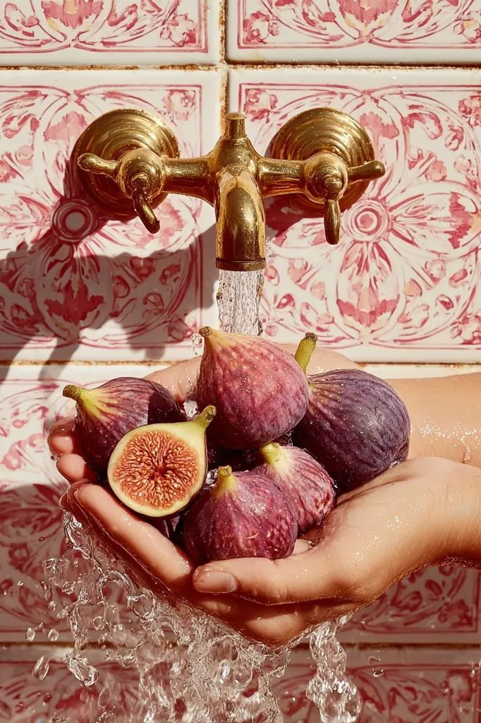 A pair of hands gently washes a cluster of ripe purple figs under a gold faucet.  Water cascades over the fruit, creating a refreshing scene against a backdrop of ornate, pink and white patterned tiles. The figs are plump and juicy, ready to be enjoyed.  The overall image is one of simple, rustic elegance.