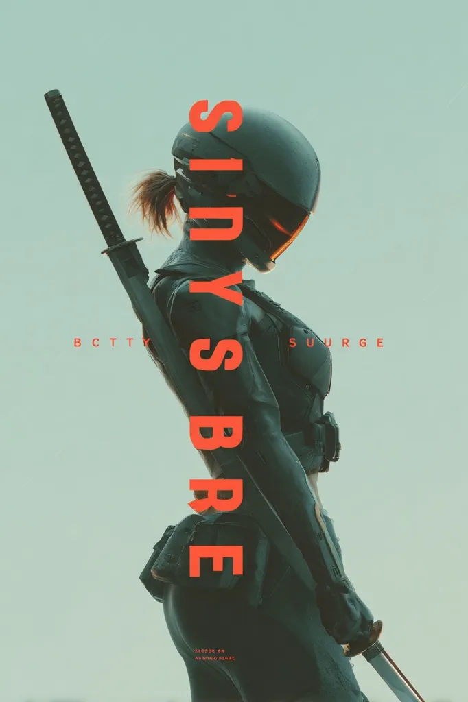 A stylized poster features a female cyborg, clad in dark armor and a helmet, carrying a katana. The word "INDY'S BREE" is prominently displayed, with "SURGE" subtly placed nearby. The overall aesthetic is futuristic and gritty, suggesting a cyberpunk or sci-fi theme. The image is monochromatic with a teal-ish background.  The small text at the bottom indicates a release date or platform.
