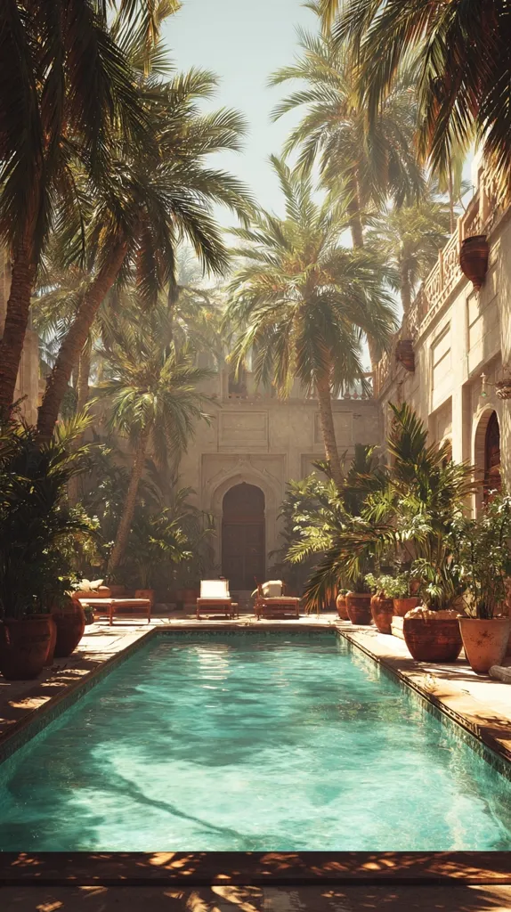 A tranquil oasis features a shimmering turquoise pool nestled within a sun-drenched courtyard.  Lush palm trees and verdant tropical plants surround the inviting pool, creating a serene atmosphere.  The backdrop is a light beige, ornate building, hinting at a luxurious, possibly Middle Eastern or Mediterranean, setting.  Lounge chairs sit empty, inviting relaxation in this idyllic escape.