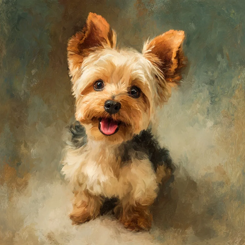 A charming painting depicts a Yorkshire Terrier in a seated pose.  The dog's expressive face, with large, dark eyes and a happy, open mouth, is the focal point.  The artist uses a painterly style with visible brushstrokes, lending a textured quality to the fur and background.  The muted, earthy tones of the background complement the rich browns and tans of the dog's coat. The overall effect is a warm and inviting portrait of a beloved pet.