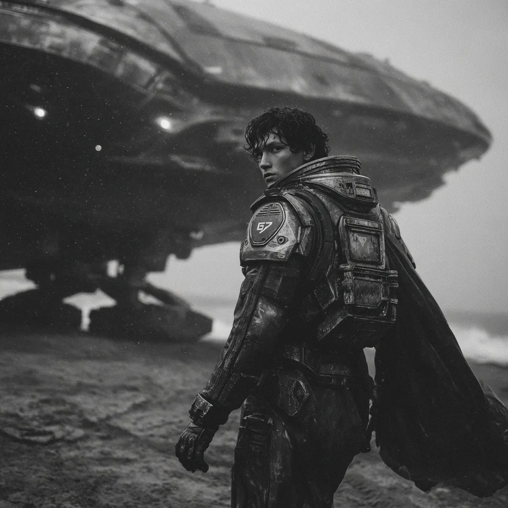 A young man in a weathered futuristic spacesuit stands on a desolate beach, his back to the camera.  He gazes towards a large, imposing spaceship, partially obscured by mist and rain. The monochrome image emphasizes the loneliness and harsh environment, suggesting a post-apocalyptic or sci-fi setting. The number "57" is visible on his shoulder armor.
