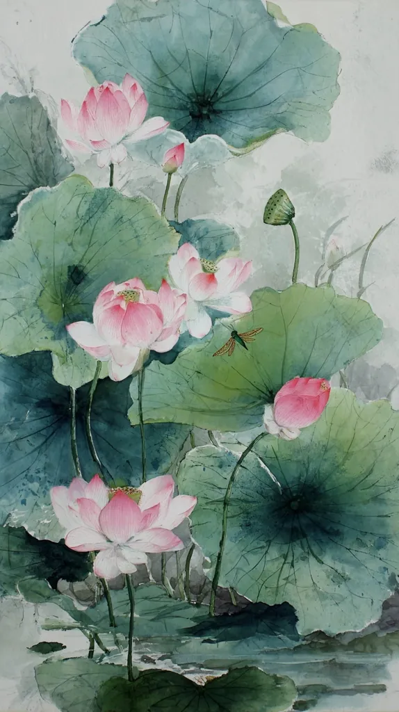 A watercolor painting depicts a serene lotus pond.  Delicate pink lotus blossoms in various stages of bloom are surrounded by large, textured green leaves.  A dragonfly rests on a leaf, adding a touch of life to the tranquil scene. The style is reminiscent of Eastern art, with soft washes of color and an emphasis on natural forms.  The overall effect is one of peace and beauty.