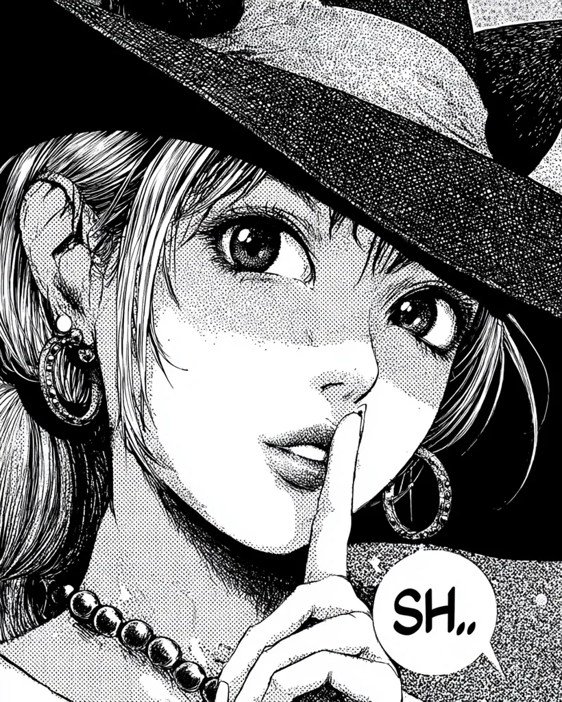 A black and white illustration of a woman wearing a large hat.  Her finger is pressed to her lips, signifying silence.  She wears dangling earrings and a beaded necklace. The style is reminiscent of manga or graphic novels, with detailed shading and line work. A speech bubble beside her face reads "Sh...".