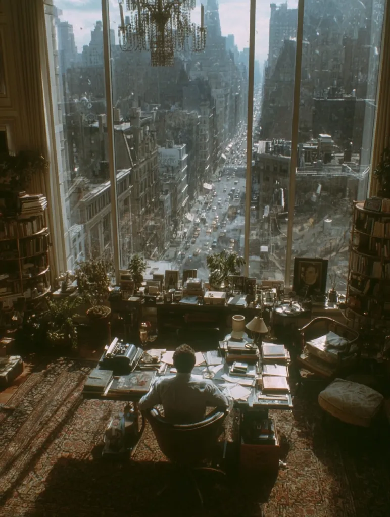 A man sits at a cluttered desk, his back to the camera, in a sunlit room with floor-to-ceiling windows offering a stunning panoramic view of a bustling New York City street.  Bookshelves flank the room, and various personal items are scattered across the desk and the Persian rug below. The overall ambiance is one of creative work and urban sophistication.  A crystal chandelier hangs above, adding to the luxurious feel of the space.