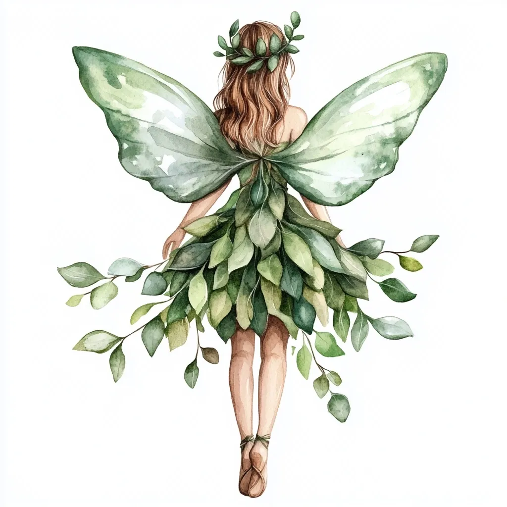 A watercolor painting depicts a fairy's back view.  She wears a leafy green dress and large, delicate butterfly wings, matching the dress's foliage.  Her hair is long and auburn, adorned with a leafy crown. The fairy's bare feet are tied with thin twine, and the overall style is whimsical and nature-inspired. The background is plain white, making the fairy the focal point.